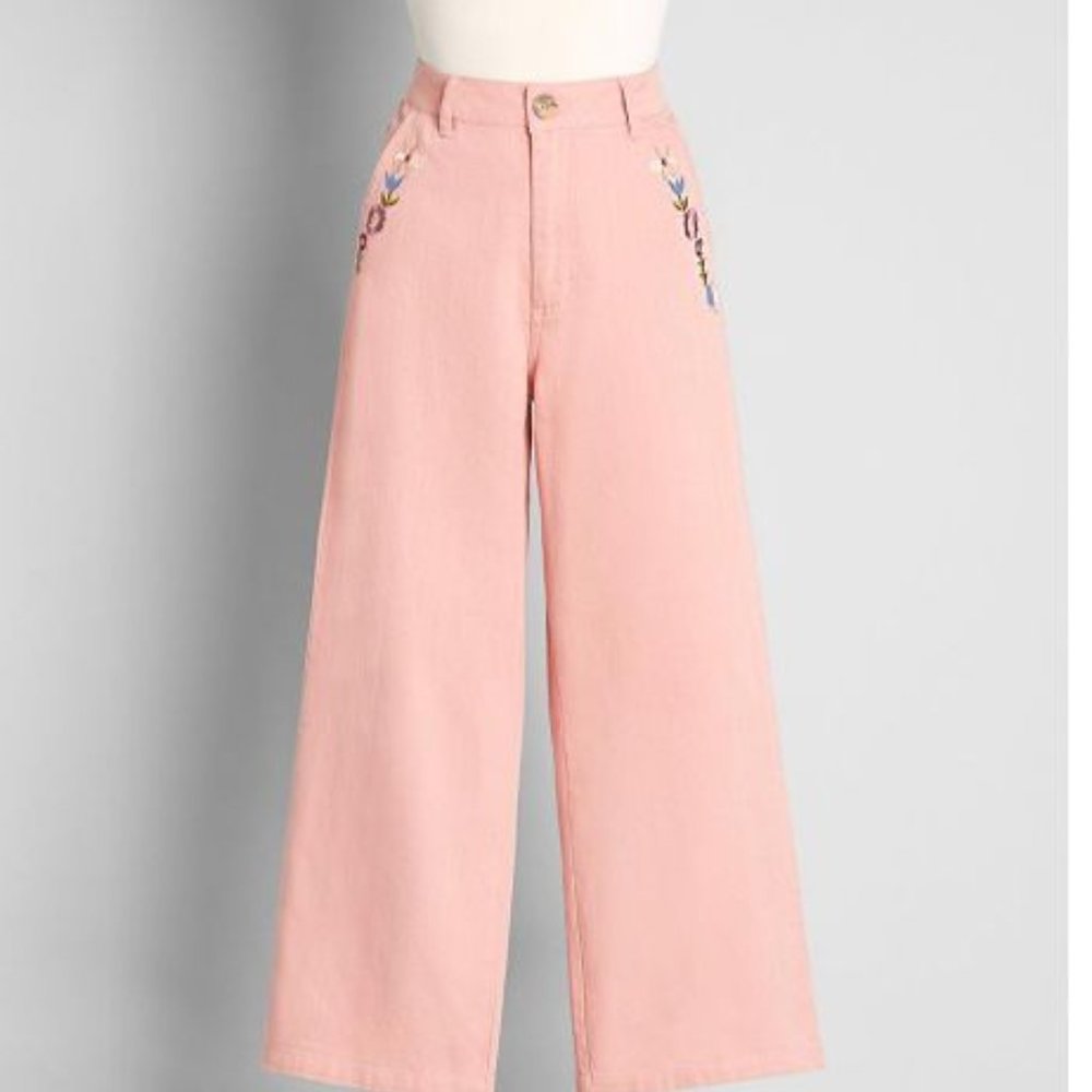 Princess Highway x Modcloth Pink Embroidered Wide Leg Jeans